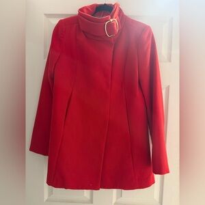 Mango Red Tailored Coat with Statement Gold Buckle – XS fits S as well